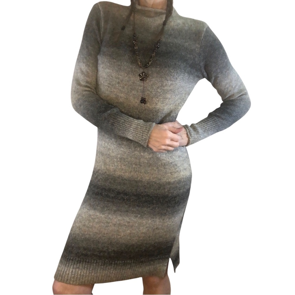 Cynthia Rowley Sweater Dress S Gray Ombre Wool Blend Midi Mock Neck Office Cozy - Picture 2 of 14